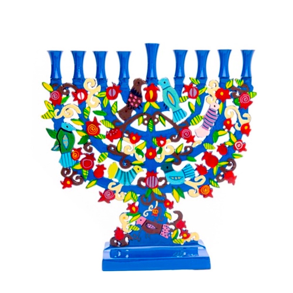 Laser Cut Hanukkah Menorah - Pomegranates + Birds, Cobalt Blue